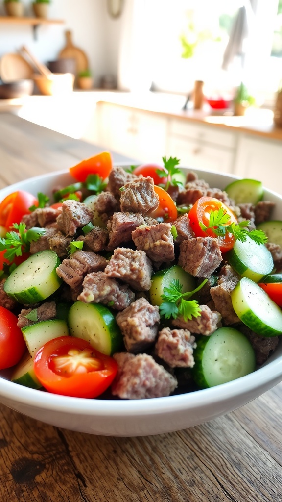 Chopped beef salad with cucumber, cherry tomatoes, and parsley in a bowl, garnished with dressing on a wooden table.